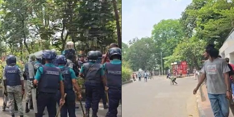 জবি শিক্ষার্থীদের ছত্রভঙ্গের চেষ্টায় টিয়ারশেল-সাউন্ড গ্রেনেড নিক্ষেপ